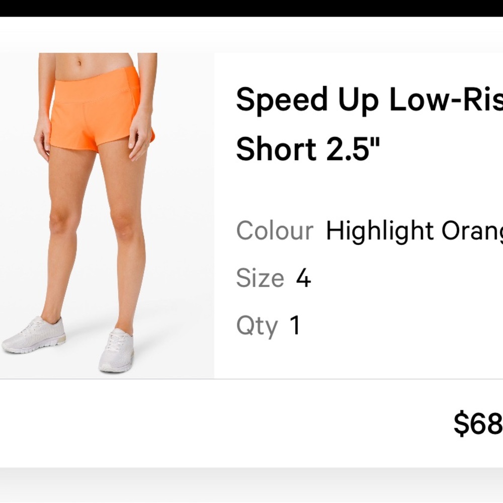 Lululemon Speed Up Low-Rise Lined Short 2.5"
Colour Highlight Orange- Size 4